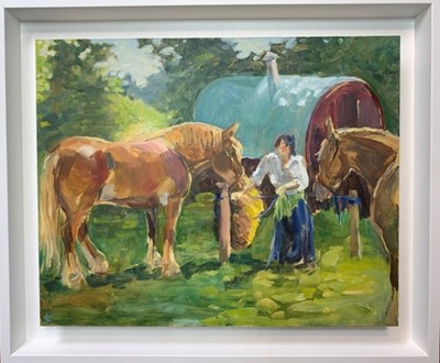 Lot 8 - Amanda Barrett oil on board - Waiting for my Haynet, 32cm x 38cm framed
