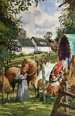 Lot 9 - Andrew Pitt watercolour - The Romany Campsite at Sir Alfred Munnings' Studio, 74.5cm x 53cm framed
