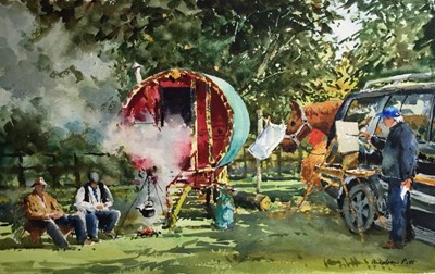 Lot 10 - Andrew Pitt watercolour - The Romany Camp, 44cm x 53cm framed