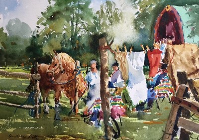 Lot 11 - Andrew Pitt watercolour - Painting the Romany Tableau at Sir Alfred Munnings' House 53cm x 75cm framed