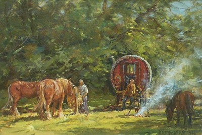 Lot 12 - Barry A Peckham ROI SEA RSMA oil on canvas board - Romany Camp 1, 32cm x 40cm framed