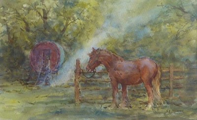 Lot 13 - Barry A Peckham ROI SEA RSMA watercolour - Romany Camp 2, 32.5cm x 42.5cm framed