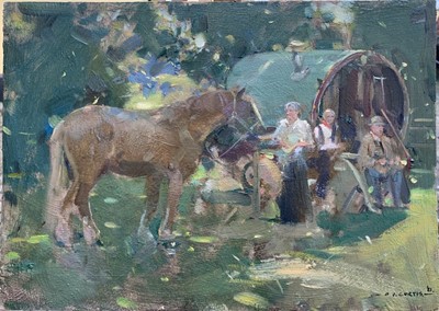 Lot 20 - David Curtis oil on board - Gypsy Encampment with Suffolk Punch, 25.5cm x 35.5cm unframed