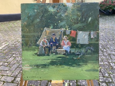 Lot 21 - David Curtis oil on board - Three Figures Group in Conversation, 26cm x 26cm unframed