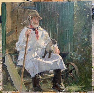 Lot 22 - David Curtis oil on board - Gus Kitson on the Vardo, 30.5cm x 30.5cm unframed