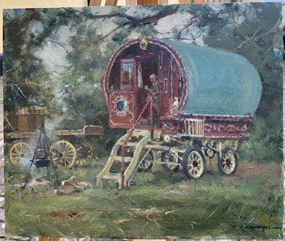Lot 23 - David Curtis oil on board - Gypsy Caravan Study, 25.5cm x 30.5cm unframed