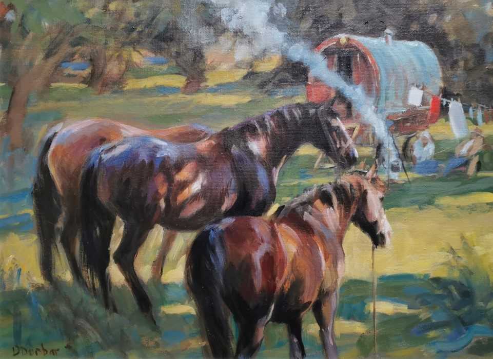 Lot 24 - Debbie Dunbar SEA oil sketch on panel - Camp Ponies, 30cm x 40cm framed