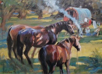 Lot 24 - Debbie Dunbar SEA oil sketch on panel - Camp Ponies, 30cm x 40cm framed