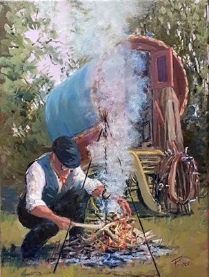 Lot 29 - James Power SEA IEA oil on canvas - Getting the Fire Going, 40cm x 30cm framed