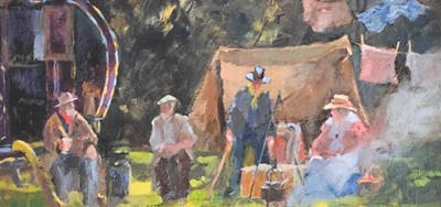 Lot 34 - John Killens oil - Round the Fire, 13cm x 28.5cm framed