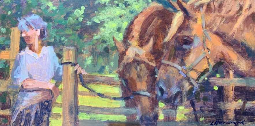 Lot 45 - Louise Harward acrylic on board - Suffolks at Munnings, 29cm x 15cm unframed