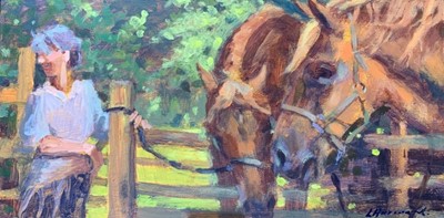 Lot 45 - Louise Harward acrylic on board - Suffolks at Munnings, 29cm x 15cm unframed