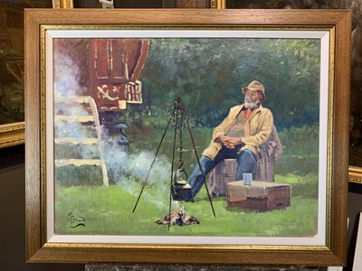 Lot 47 - Malcolm Coward HSEA oil on panel - Brewing Up, 46cm x 61cm framed