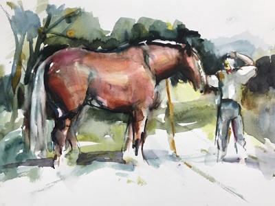 Lot 51 - Melanie Wright study - The Suffolk Punch at Castle House, Dedham, 29cm x 39cm unframed