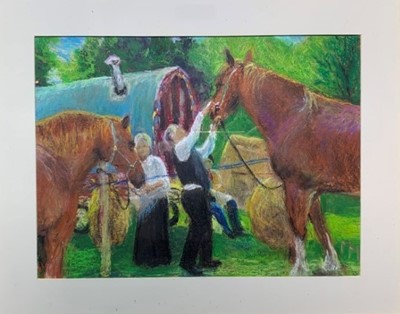 Lot 54 - Monica Marriage oil pastel - Tending to Thistle, 19.5cm x 24cm framed