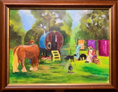 Lot 55 - Patricia Westmacott acrylic on board - Munnings Tableau, 38cm x 48cm framed