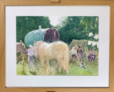 Lot 58 - Richard Bond watercolour - Romany Re-Enactment Plein Air, 36cm x 47cm framed