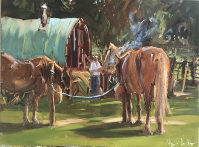 Lot 61 - Roger Dellar ROI PS RI oil on board - Tending Horses 41cm x 41cm unframed