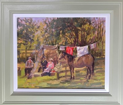 Lot 65 - Sarah Allbrook oil on board - Gypsy Caravan at Munnings Museum, 40cm x 47.5cm
