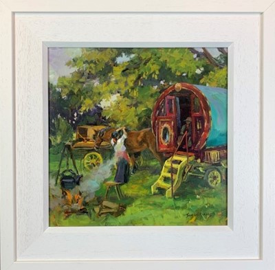 Lot 72 - Sue Williams oil - Settling in for the Night, 44.5cm x 44.5cm framed