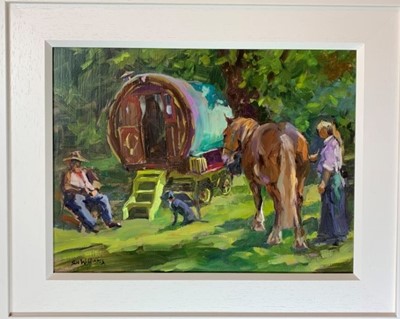 Lot 75 - Sue Williams oil on board Plein Air - Training the Puppy