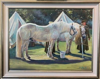 Lot 83 - John Fitzgerald oil on canvas - Two Greys Feeding, 80cm x 60cm 
  
N.B. First World War Camp Re-Enactment: Painted at the Museum in 2019