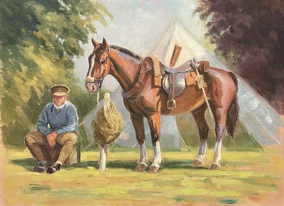Lot 86 - Elizabeth Turner oil - Awaiting Orders, 30cm x 40cm 
  
N.B. First World War Camp Re-Enactment: Painted at the Museum in 2019
