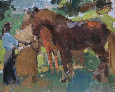 Lot 89 - Julia Hawkins oil - Sunny Morning at Munning Museum, 24cm x 30cm unframed