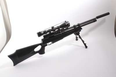 Lot 1062 - Air Rifle- Hatsan AT44 - 10, .22 calibre air rifle, the blued barrel with sound reducer, fitted with an SMK 3-9x50 scope, in slip case