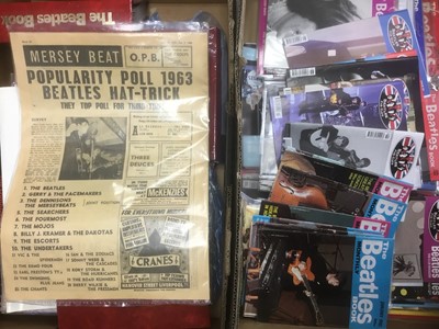 Lot 2259 - Beatles fan club magazines Issues 12-70 and Beatles Monthly Book 1963-1969 together with a box of Beatles and Merseabeat merchandise (2 boxes)