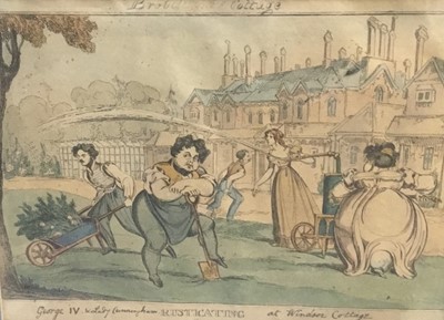 Lot 62 - Four antique hand coloured etchings published by Fores and Humphrey entitled; 'Reflection', 'Rusticating', 'Nashional Taste!!!' and 'The New State Carriage', each in glazed gilt frame
