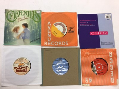 Lot 2270 - Box of approx 170 single records multi genres including Mary Hopkin (signed), Led Zeppelin, Fleetwood Mac, Kinks, Nick Haywood, Sha Na Na, Smoke, Chicken Shack, Gary Toms Empire, Chanson, Michael H...