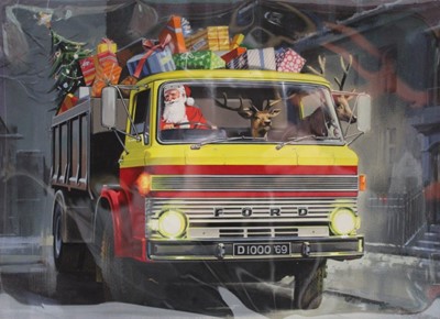 Lot 2025 - Late 1960's watercolour and gouache depicting a Ford D Series Truck filled with presents being driven by Santa Claus, with his two Reindeer as passengers, as used in the Ford advert 'Y...