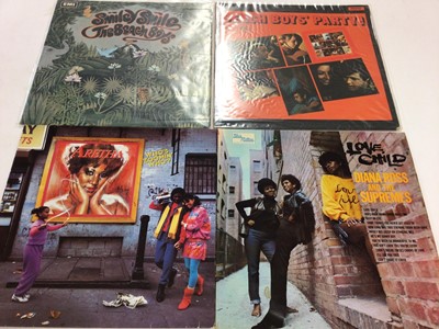 Lot 2303 - Box of approx 70 LP's including Beach Boys (20), Stevie Wonder, Otis Redding, Aretha Franklin, Supremes, George Benson, Four Tops, Temptations and R Dean Taylor. Conditions vary.