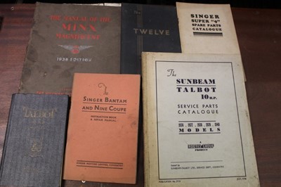 Lot 2037 - Collection of 11 Hillman, Sunbeam - Talbot and Singer parts lists, instruction and reference books (to include Pre War models)