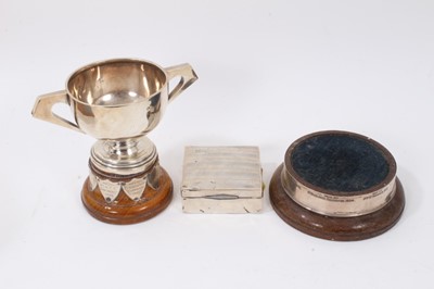 Lot 148 - George V silver trophy cup, Birmingham 1913, on two turned wood bases mounted with Girl Guides related plaques, together with a George V silver cigarette box, Birmingham 1927
