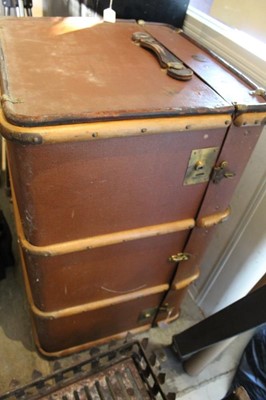 Lot 2655 - Vintage car exterior luggage box with chrome fittings, and a large wooden bound travel trunk (2)