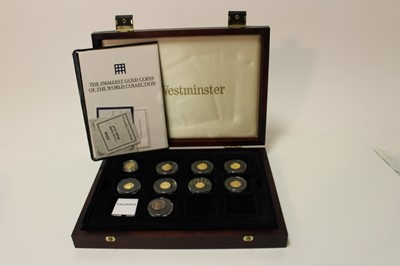 Lot 428 - World - Westminster 'The Smallest Gold Coins in the World' to include examples from Canada 'Maple Leafs' x 2, China 'Giant Panda' and 'Unicorn', Cook Islands 'Diana Princess of Wales', Guernsey £5...