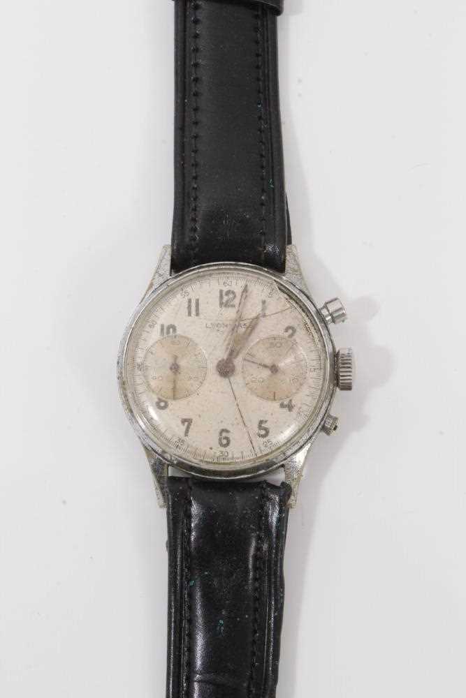 Lot 185 - 1950s Leonidas stainless steel chronograph wristwatch, inner back case numbered 805145, on black leather strap