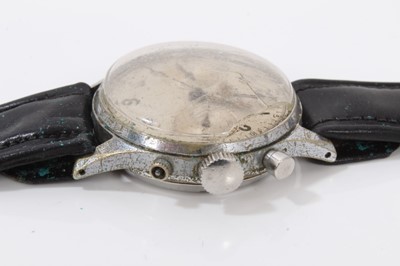 Lot 185 - 1950s Leonidas stainless steel chronograph wristwatch, inner back case numbered 805145, on black leather strap