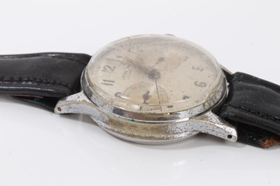 Lot 185 - 1950s Leonidas stainless steel chronograph wristwatch, inner back case numbered 805145, on black leather strap