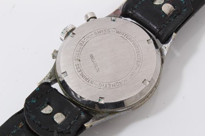 Lot 185 - 1950s Leonidas stainless steel chronograph wristwatch, inner back case numbered 805145, on black leather strap