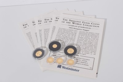 Lot 429 - World - Westminster 'The Smallest Gold Coins in the World', to include examples from Australia 'Kangaroo' x 2, 'Dragon', Liberia 'Preserve Planet Earth' and Mongolia 'Archery Olympic Games', 'Leon...