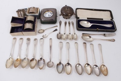Lot 190 - Pair of George V silver napkin rings, together with a silver mustard pot, silver flatware and silver mounted watch case (various dates and makers)