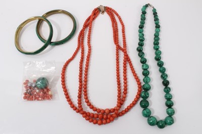 Lot 197 - Antique coral three strand graduated bead necklace, malachite necklace and two malachite bangles