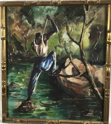 Lot 68 - South East Asian school, oil on canvas board - man in a river, signed indistinctly, 47.5cm x 55cm,  in gilt faux bamboo frame