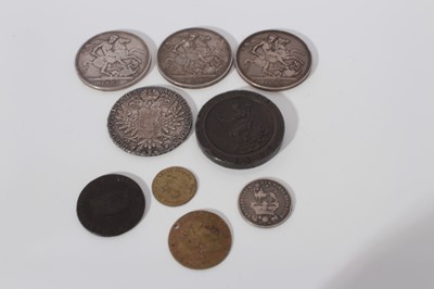 Lot 440 - G.B. - Mixed coins to include George III 'Cartwheel' two pence (N.B. Usual edge bruises) otherwise AVF, Victoria JH silver Crowns 1889 x 2 VG/F, 1890 GF-AVF.  Austria Maria Theresa silver Thaler 17...
