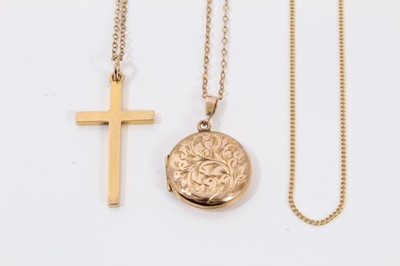 Lot 211 - 9ct gold cross pendant on chain, 9ct gold locket on chain and one other 18ct goldchain