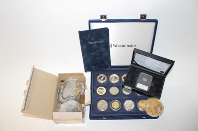 Lot 445 - World - Mixed coinage to include Westminster issued silver plated cupro-nickel 'Museum Collection', G.B. 'Diamond Jubilee Commemorative' proof silver with gold plating five pounds 2012, Ancient Rom...