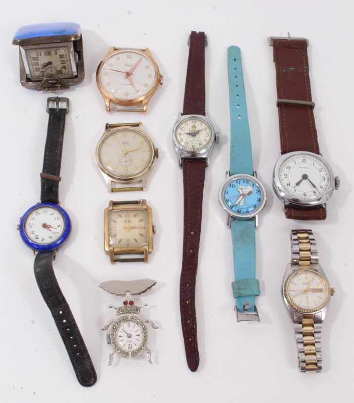 Lot 220 - Art Deco silver and blue guilloche enamel pendant watch, together with silver and blue guilloche enamel ladies wristwatch, Snoopy wristwatch and others (10)